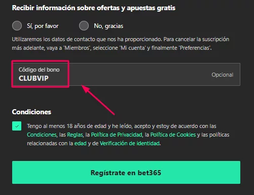 Pantalla de registro de bet365 argentina. Ejemplo de código del bono.