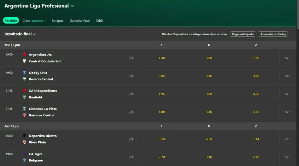 Lista de partidos disponibles para apostar en Bet365 Argentina Fútbol
