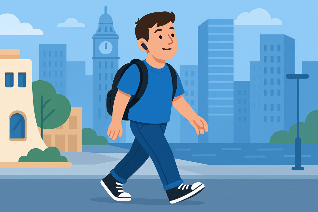 Joven caminando feliz por el centro de una ciudad uruguaya, con mochila, jeans y camiseta, rodeado de edificios modernos.