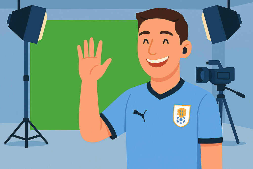 La ilustración muestra a un joven muy feliz dentro de un estudio de filmación. Lleva puesta una camiseta de fútbol celeste y está saludando con una gran sonrisa en el rostro. En el fondo se pueden ver focos, cámaras y elementos típicos de un set de grabación. El estilo de la imagen es digital y minimalista, con colores planos y líneas limpias. La atmósfera transmite alegría, emoción y energía positiva.