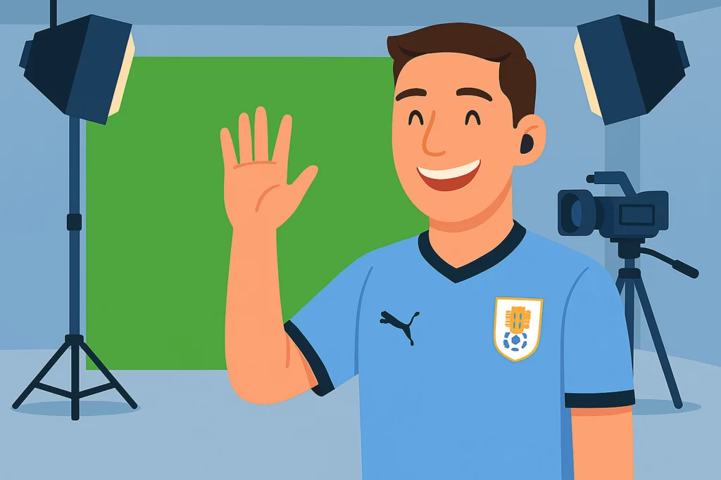 La ilustración muestra a un joven muy feliz dentro de un estudio de filmación. Lleva puesta una camiseta de fútbol celeste y está saludando con una gran sonrisa en el rostro. En el fondo se pueden ver focos, cámaras y elementos típicos de un set de grabación. El estilo de la imagen es digital y minimalista, con colores planos y líneas limpias. La atmósfera transmite alegría, emoción y energía positiva.