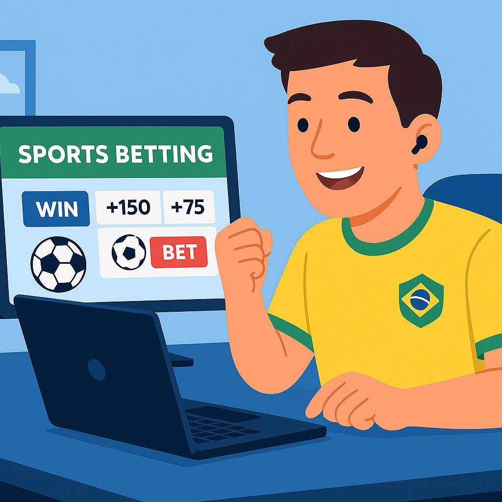 Joven sonriente con camiseta de Brasil, sentado frente a una computadora, aprendiendo sobre apuestas deportivas. La pantalla muestra opciones de apuesta y él se ve entusiasmado y concentrado.