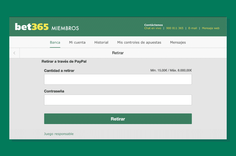 seleccionar el medio de pago de Bet365