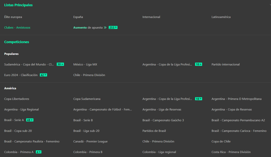 Screenshot de Bet365 mostrando todos los torneos disponibles para apostar
