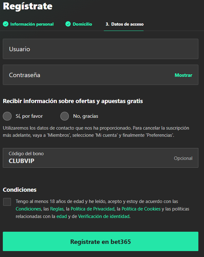 Pantalla del código de bono de Bet365 Clubvip
