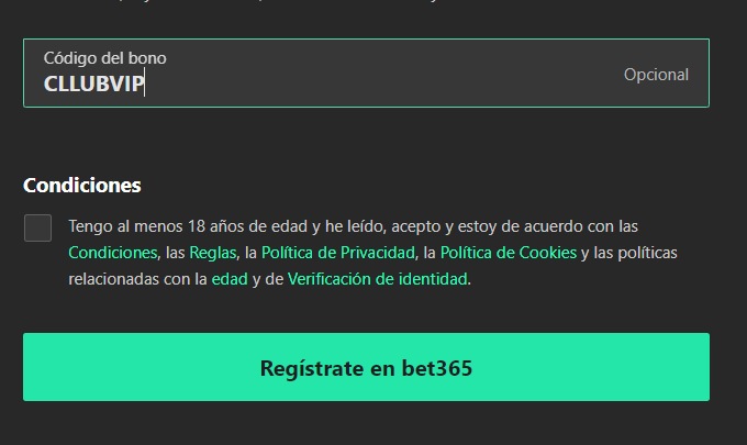 Pantalla del código bonus bet365 Perú