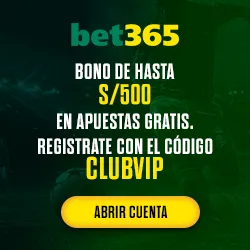 logo de bet365 con el texto: bono de hasta S/500 en apuestas gratis registrate con el código Clubvip